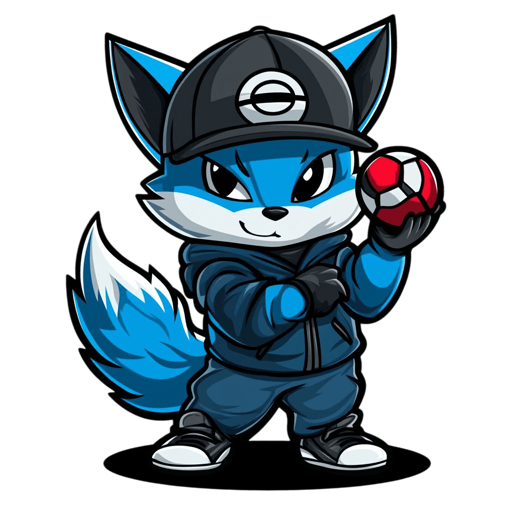 Minty, mascotte Lootora : renard bleu en casquette et hoodie, tenant une sphère rouge et blanche façon tech-ball.